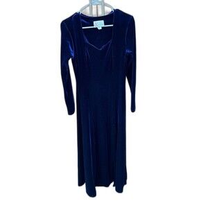 Expose Navy Velvet Dress M Women Long Sleeve Pullover Sweetheart Neck Stretch